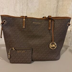 Michael Kors Brown and Tan Signature MK Tote with Pouch